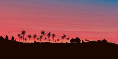paume des arbres sur colline silhouette le coucher du soleil vecteur illustration avec Vide espace à le ciel. île avec spectaculaire ciel Contexte.