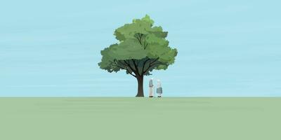 couple de personnes âgées amoureux ensemble en dessous de le gros arbre vecteur illustration avoir Vide espace pour tout formulation publicité.