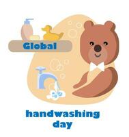 global lavage des mains journée. conception pour enfants. nounours ours nettoie et lavages ses pattes vecteur