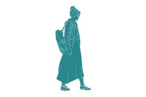 Vector illustration of casual woman aller à l'école, style plat avec contour