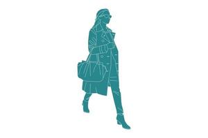 illustration vectorielle de femme à la mode marchant sur le côté, style plat avec contour vecteur