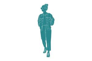 Vector illustration of casual woman walking on the sideroad, style plat avec contour