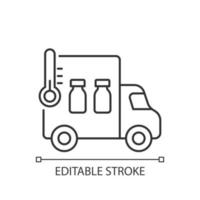 icône linéaire de transport de vaccin. distribution de médicaments. camionnette d'expédition de remèdes pharmaceutiques. illustration personnalisable de fine ligne. symbole de contour. dessin de contour isolé de vecteur. trait modifiable vecteur