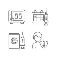 ensemble d'icônes linéaires de tir de vaccin. stockage de médicaments. vaccination en deux doses. adolescent vacciné, enfant. symboles de contour de ligne mince personnalisables. illustrations de contour de vecteur isolé. trait modifiable