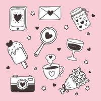 amour doodle icon set smartphone courrier appareil photo crème glacée miroir fleurs vecteur
