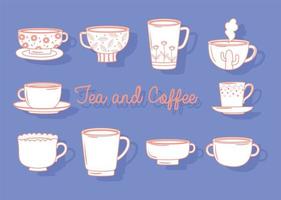 thé et café différentes tasses décorées collection, style de ligne vecteur