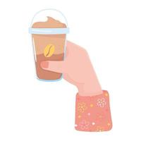 main féminine avec tasse de frappe, boisson chaude fraîche vecteur