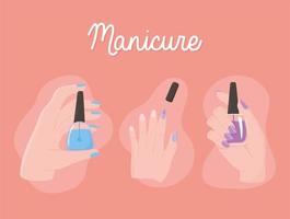 manucure, les mains féminines tiennent le vernis à ongles de couleur différente vecteur