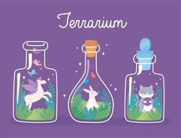 jar terrarium lapin mignon licorne et chat avec des plantes fleuries à l'intérieur vecteur