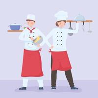 chefs gastronomiques homme et femme avec de la nourriture dans les mains vecteur