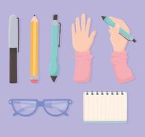 mains avec stylo crayon lunettes et papier espace de travail bureau vue de dessus design vecteur