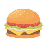 restauration rapide, délicieux hamburger avec fromage tomate et icône d'oignon design isolé vecteur