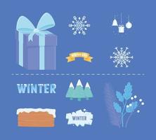 vente d'hiver icônes cadeau flocons de neige planche de bois ruban de glace vecteur