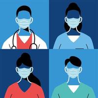 médecins féminins et masculins avec masques et uniformes vector design