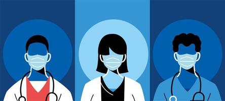 médecins féminins et masculins avec masques et uniformes vector design