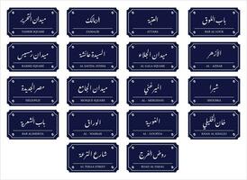 Caire rue des noms dans arabe thulth Police de caractère calligraphie rétro rue panneaux plus Anglais Traduction vecteur
