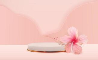 fond de piédestal 3d blanc avec fleur d'hibiscus pour la présentation de produits cosmétiques, magazine de mode. copie espace illustration vectorielle vecteur