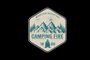 montagne aventure camping feu couleur crème et vert vecteur