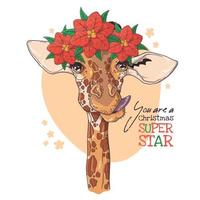 portrait dessiné à la main de girafe avec vecteur de fleurs de noël.