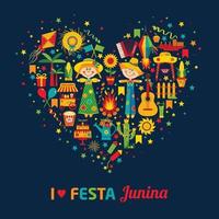 festival du village festa junina en amérique latine. icônes en coeur vecteur