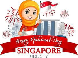 la fête nationale de singapour avec une fille musulmane tient le personnage de dessin animé du drapeau de singapour vecteur