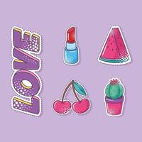 jeu d'icônes autocollant élément pop art, pastèque, cactus, cerise et rouge à lèvres vecteur