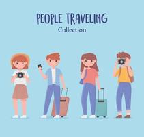 personnes voyageant, collection jeune groupe avec valises appareil photo et mobile vecteur