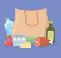 sac à provisions textile avec jambe de jambon, huile d'olive, œufs, fromage, achats d'épicerie vecteur