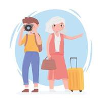 personnes voyageant, femme âgée et jeune homme avec appareil photo et valise vecteur