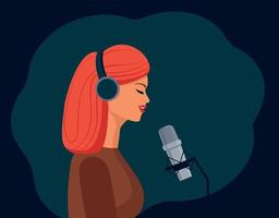 une belle fille avec des écouteurs chante dans le microphone et enregistre un podcast, un blog ou une chanson. vecteur