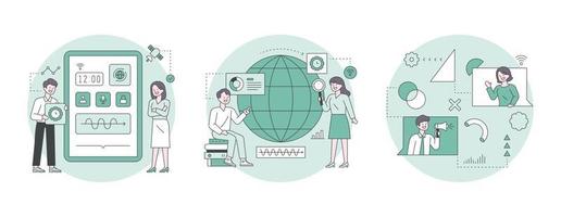 illustration de marketing d'entreprise. personnes regardant des appareils numériques, analysant des données, cherchant devant un globe et se réunissant en ligne. contour simple illustration vectorielle. vecteur