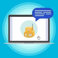 appareil moderne - ordinateur portable, ordinateur portable, netbook pc design plat avec chat bot parler dans la bulle a éclaté sur l'illustration vectorielle de l'icône de l'écran. concept technologique de chat en ligne isolé sur fond bleu vecteur