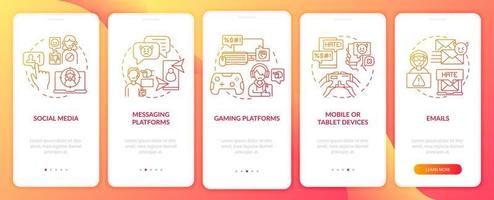 canaux de cyberharcèlement intégrant l'écran de la page de l'application mobile avec des concepts. tablettes, e-mails, instructions graphiques en 5 étapes. modèle vectoriel ui, ux, gui avec des illustrations en couleurs linéaires