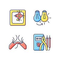 Ensemble d'icônes de couleur rvb service électricien. sortie d'étincelles. changement d'ampoule. cordon effiloché et déchiré. illustrations vectorielles isolées. outils d'électricien collection de dessins au trait remplis simples vecteur