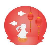 mignon et petit lapin avec des lampes chinoises suspendues vecteur