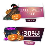 vente d'halloween, deux bannières modernes avec bouton, panneau en bois, chapeau de sorcière, pot de sorcière et jack citrouille vecteur