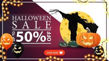 vente d'halloween, modèle rose horizontal avec épouvantail et jack citrouille contre la lune vecteur