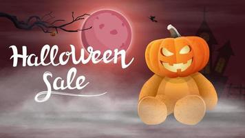 vente d'halloween, bannière de remise horizontale avec paysage rouge, ours en peluche avec tête de citrouille jack vecteur