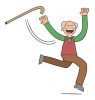 le vieil homme de dessin animé jette la canne et commence à courir l'illustration vectorielle vecteur