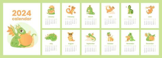 mensuel calendrier pour 2024 avec plat des illustrations de marrant dragon personnage. vecteur