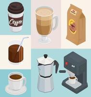 ensemble de sept icônes de set de boissons au café vecteur