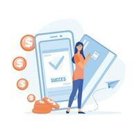 en ligne mobile Paiement et bancaire un service concept. femme paie avec mobile téléphone avec succès et sans encombre. plat vecteur moderne illustration