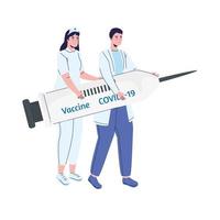 seringue de levage de couple de médecins avec l'icône médicale du vaccin covid19 vecteur