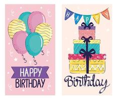 cartes de lettrage de joyeux anniversaire avec des ballons à l'hélium et des cadeaux vecteur