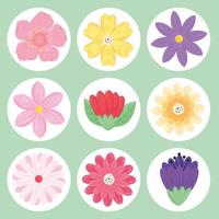 ensemble de neuf icônes de saison de printemps de fleurs de beauté vecteur