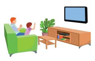 famille heureuse regardant la télévision ensemble dans le salon. illustration de famille en style cartoon vecteur