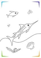 noir et blanc espadon, algue coquille coloration page. sous-marin habitants vecteur illustration.