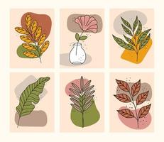 lot de six icônes de plantes de feuilles de style boho vecteur