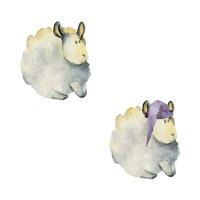 aquarelle main tiré illustration, magique mignonne peluche bébé mouton animaux, en train de dormir Chapeaux, dessin animé jouet personnage. Célibataire objet isolé sur blanc Contexte. des gamins les enfants chambre à coucher, tissu, linge de maison impression vecteur