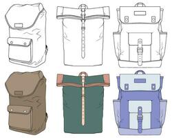 main tiré coloré vecteur ensemble de sacs à dos. dessin animé décontractée sac à dos, cool sac à dos coloré. sacs à dos vecteur illustration.